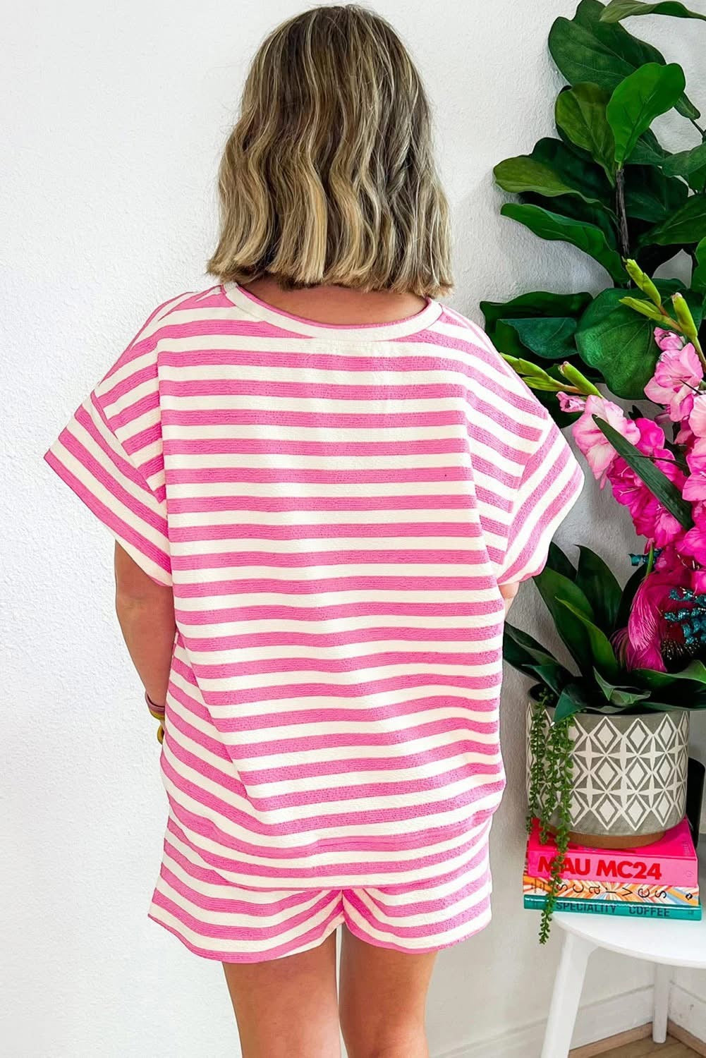 Pink Stripe Drawstring Shorts Set