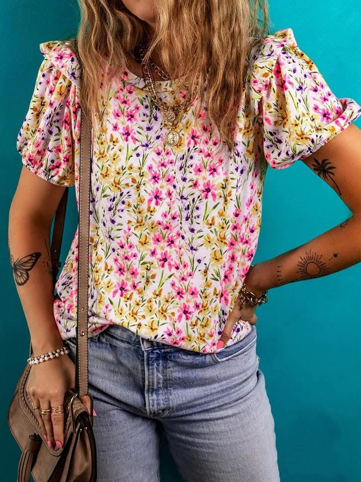 Floral Puff Sleeve Crewneck Blouse