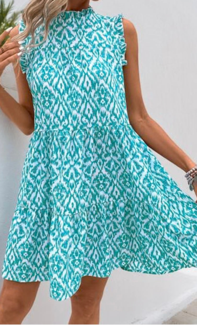 Perfee Printed Frill Sleeveless Mini Dress