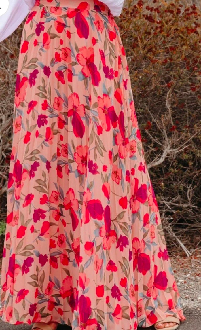 Printed Elastic Waist Pleated Maxi Skirt