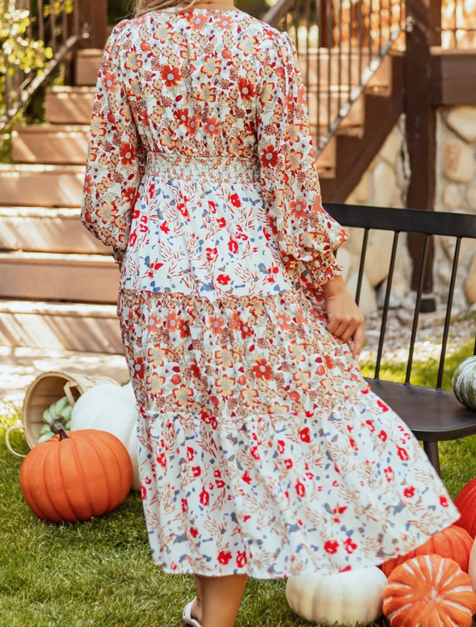 Full Size Printed V-Neck Lantern Sleeve Midi Dress