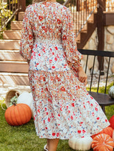 Load image into Gallery viewer, Full Size Printed V-Neck Lantern Sleeve Midi Dress
