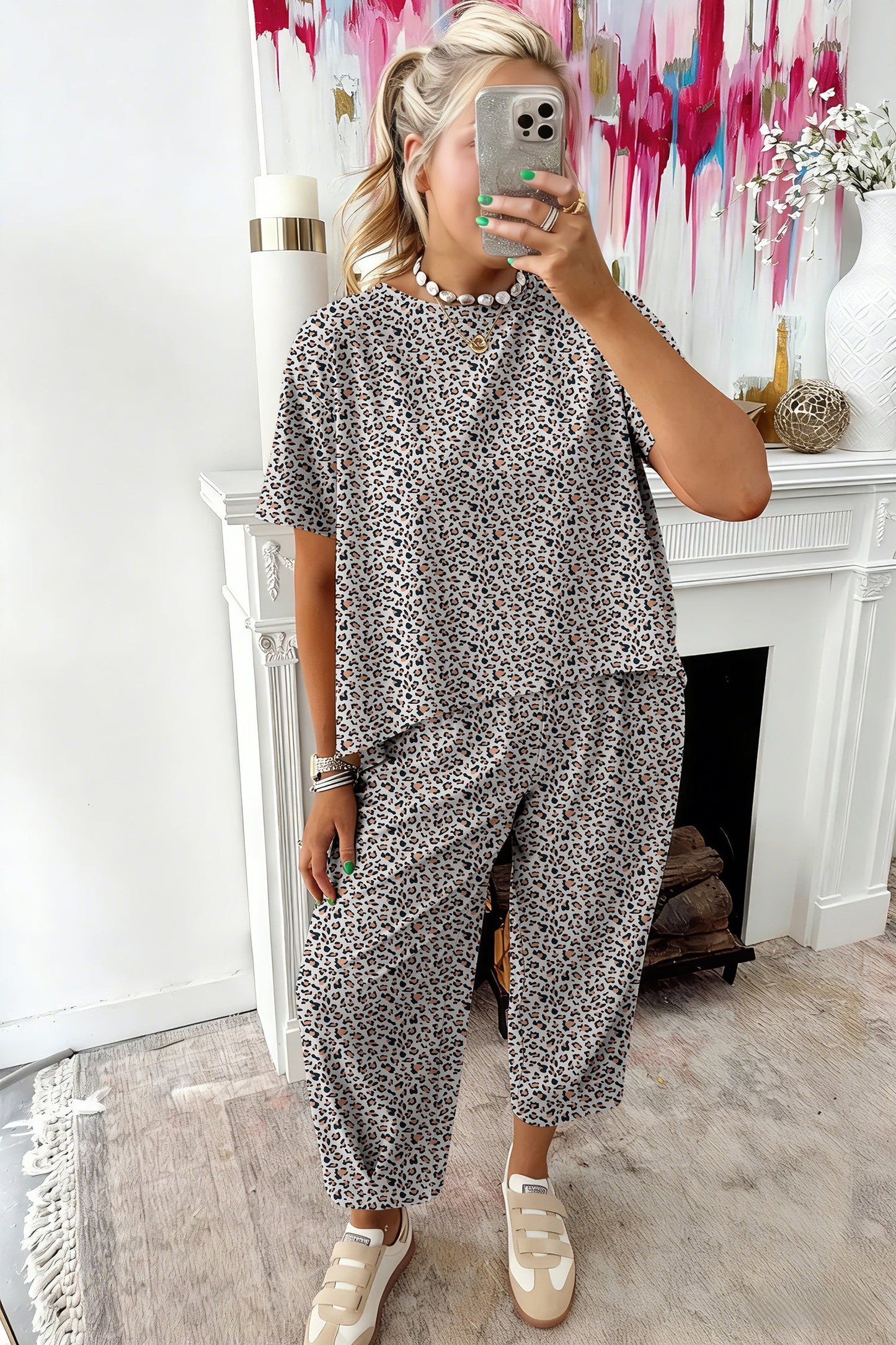 White Leopard High-Low Loose Tee Ankle Length Pants Set