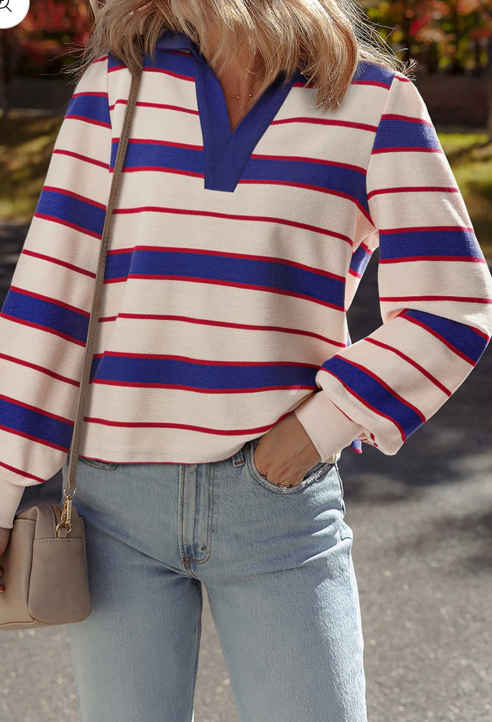 Color Block V Neck Loose Fit Sweatshirt