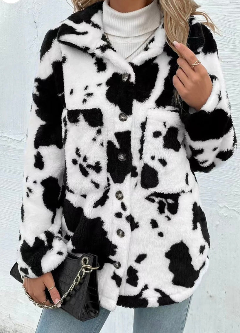Cow Print Collared Neck Button Up Fuzzy Jacket