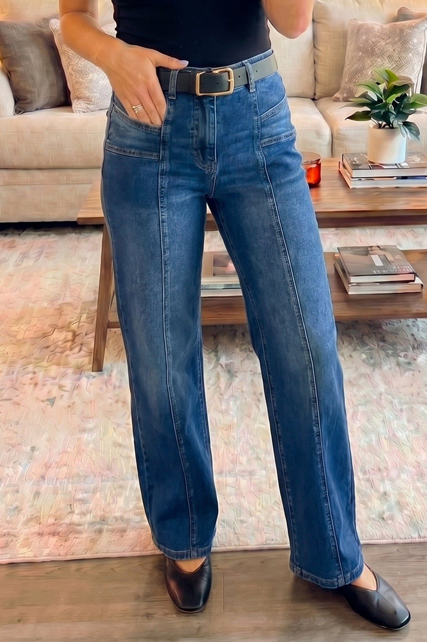 Yusra Seam Detail Shift Jeans Threaded Pear