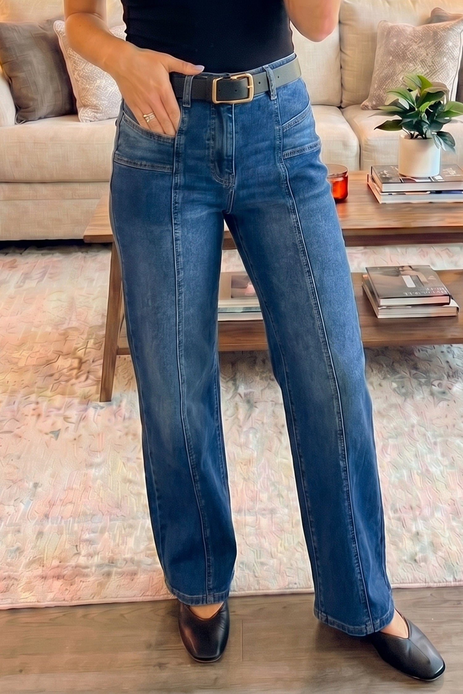 Yusra Seam Detail Shift Jeans Threaded Pear