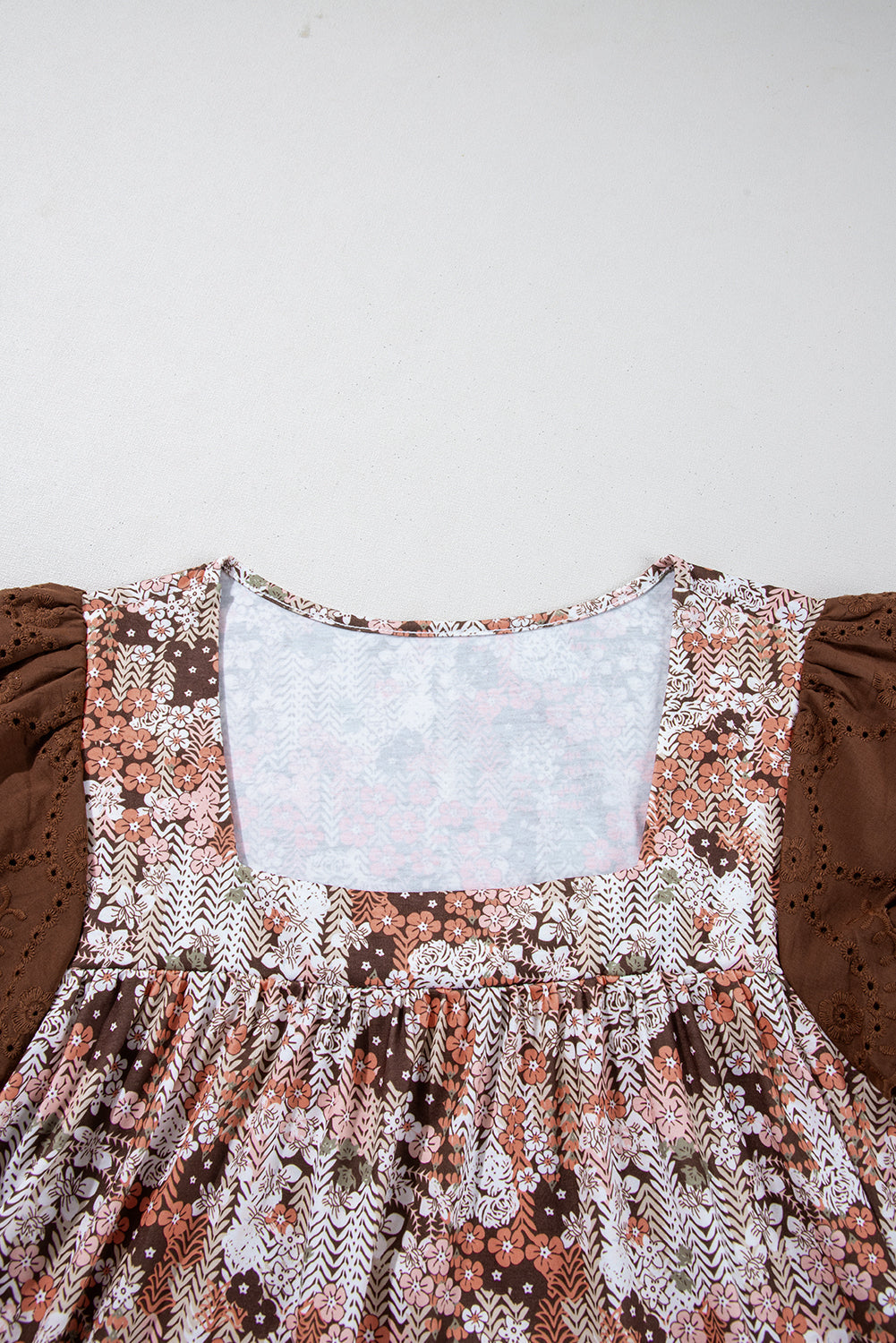 Blue Floral Print Square Neck Lace Patchwork Sleeve Blouse