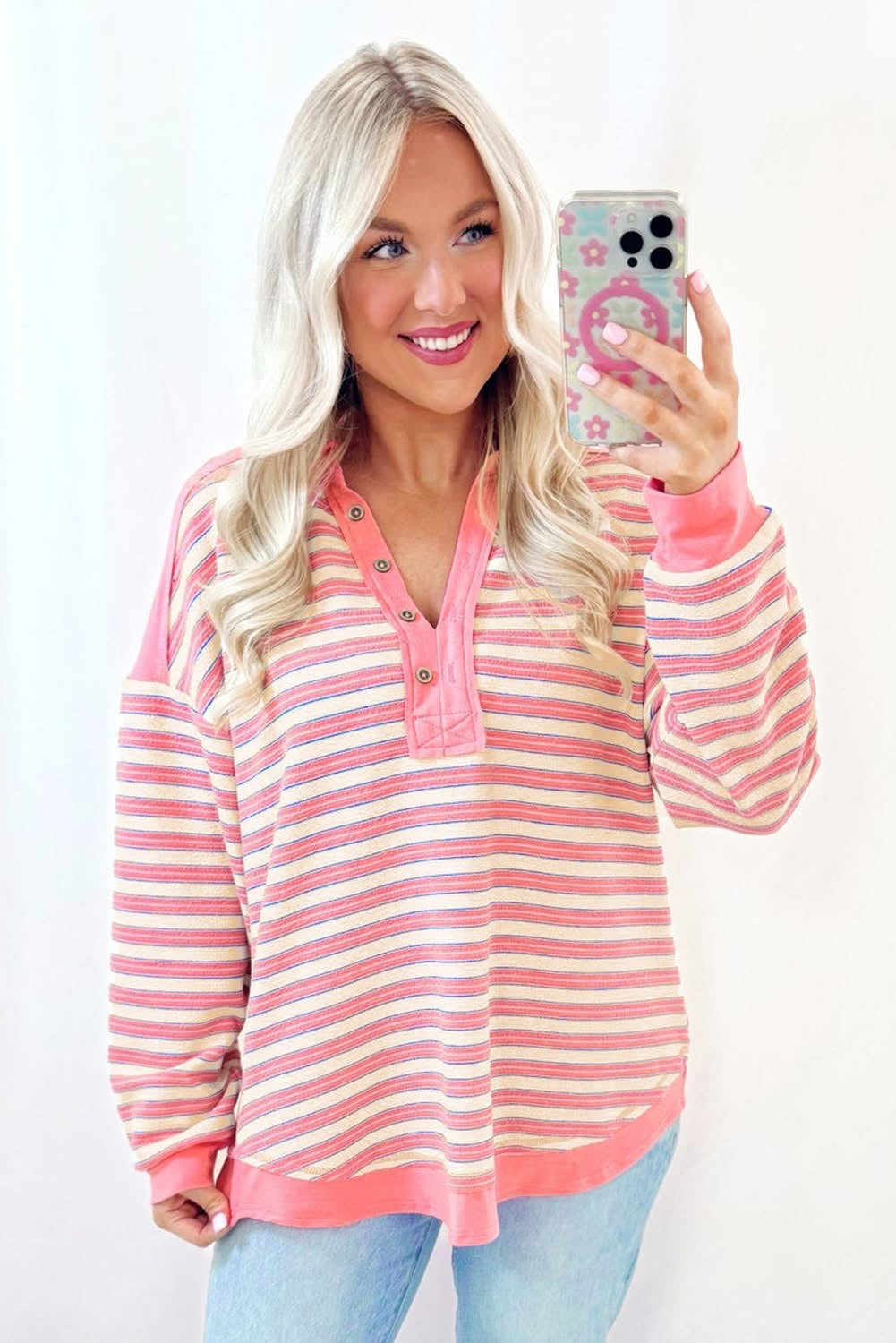 Pink Stripe V neck Collared Top