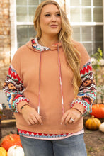 Load image into Gallery viewer, Khaki Aztec Patchwork Waffle Knit Plus Size Hoodie
