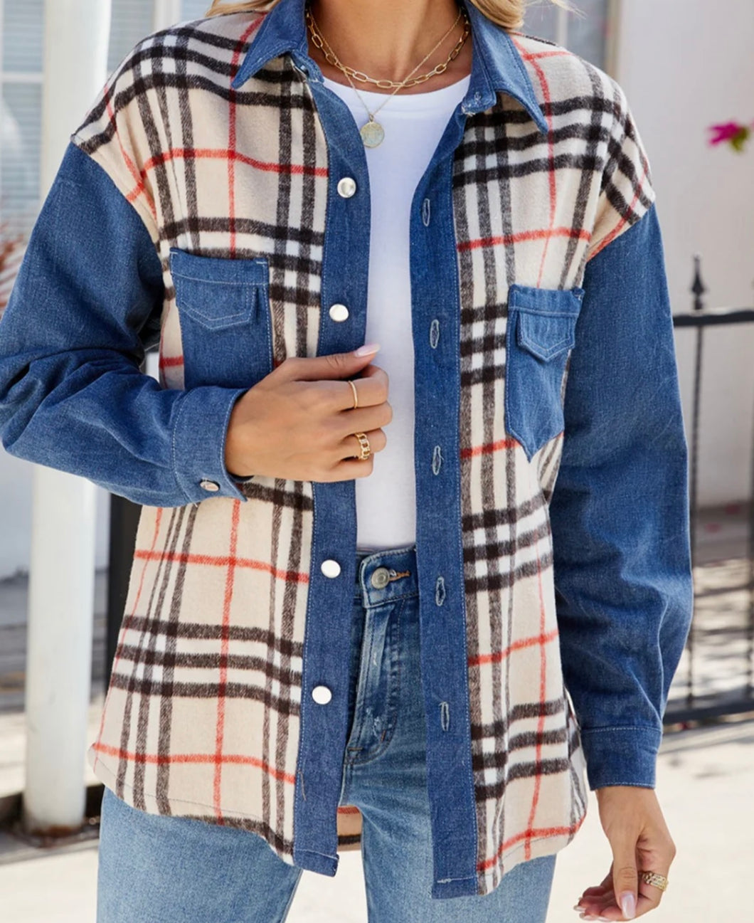 Plaid Long Sleeve Denim Jacket