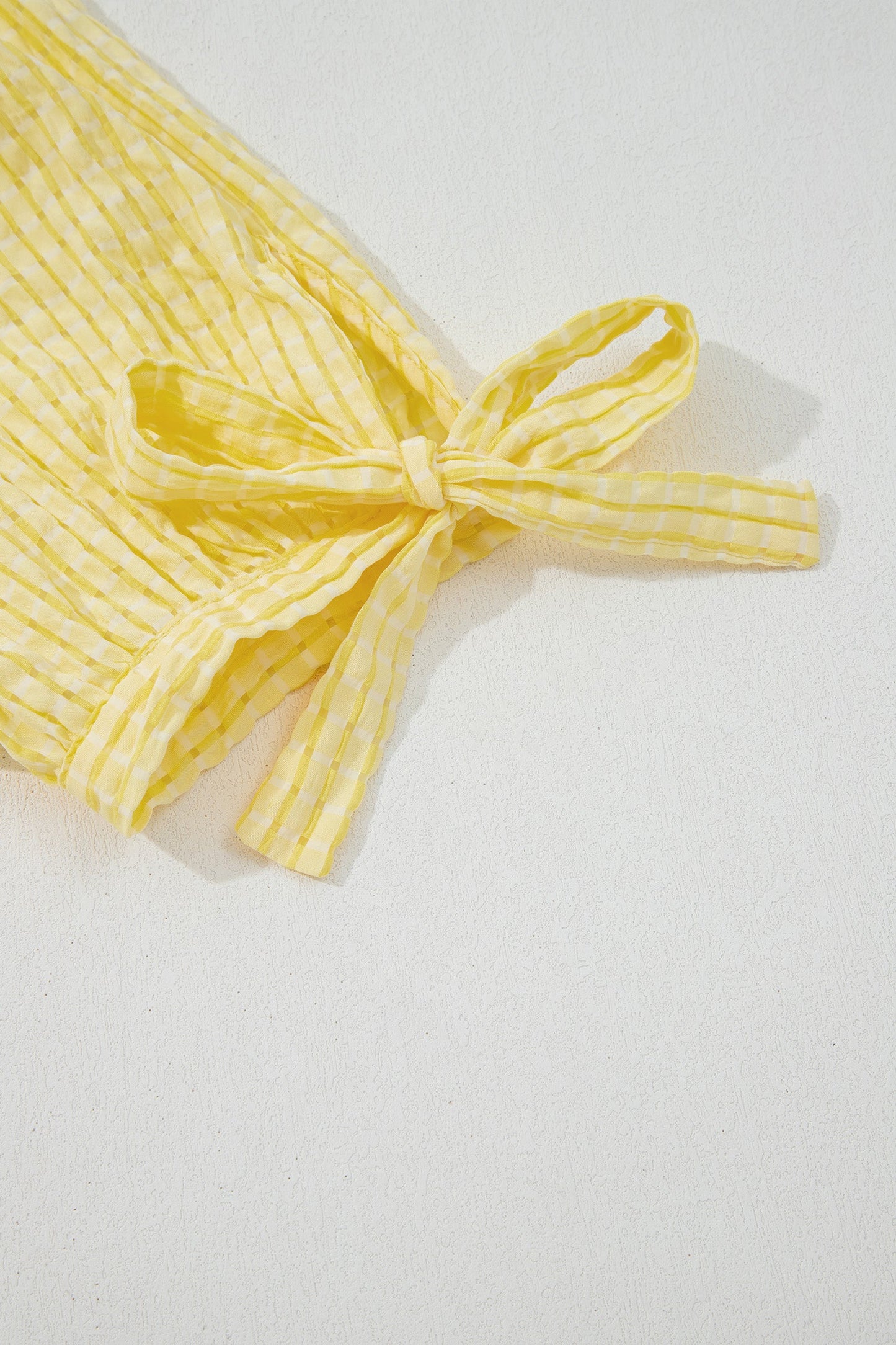 Yellow Gingham Textured Bow Tie Short Sleeve Tiered Midi Dress