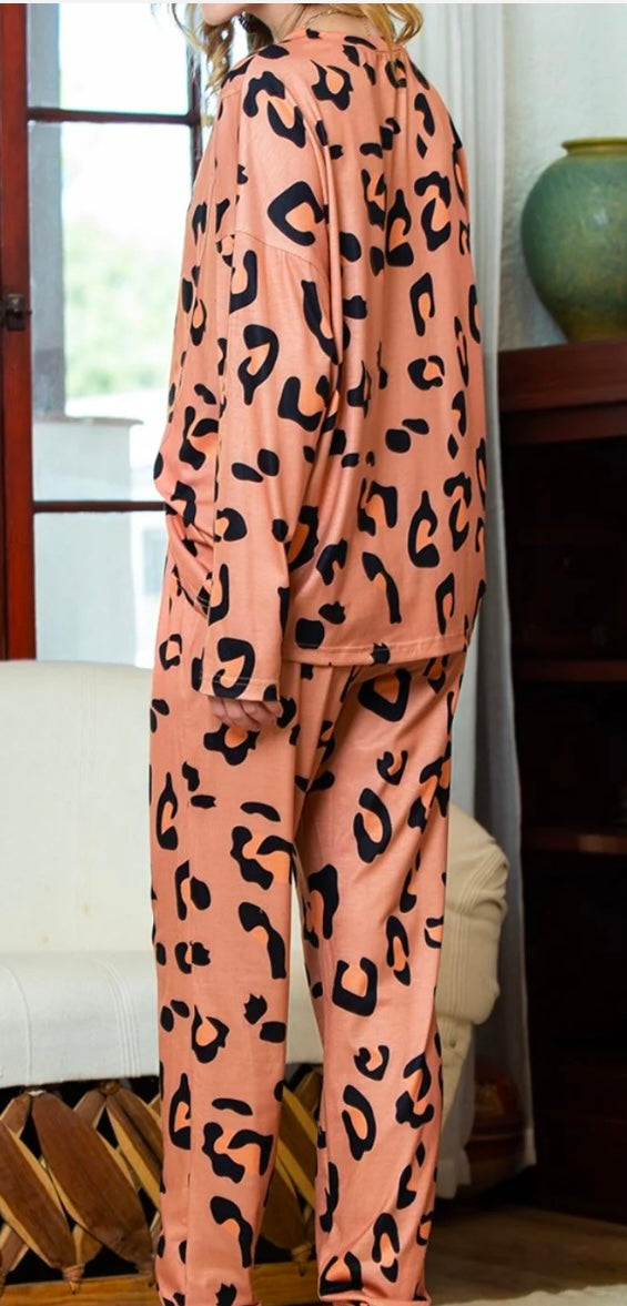 Leopard Round Neck Top and Pants Lounge Set