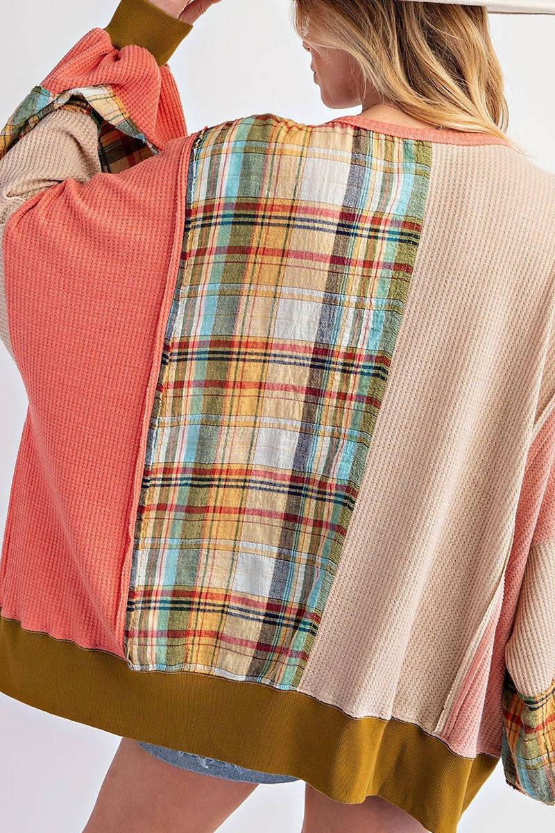 PLAID PETAL PATCHWORK WAFFLE DROP SHOULDER TOP **SHIPPING EXPECTED TO BEGIN ON DATE 10/22**