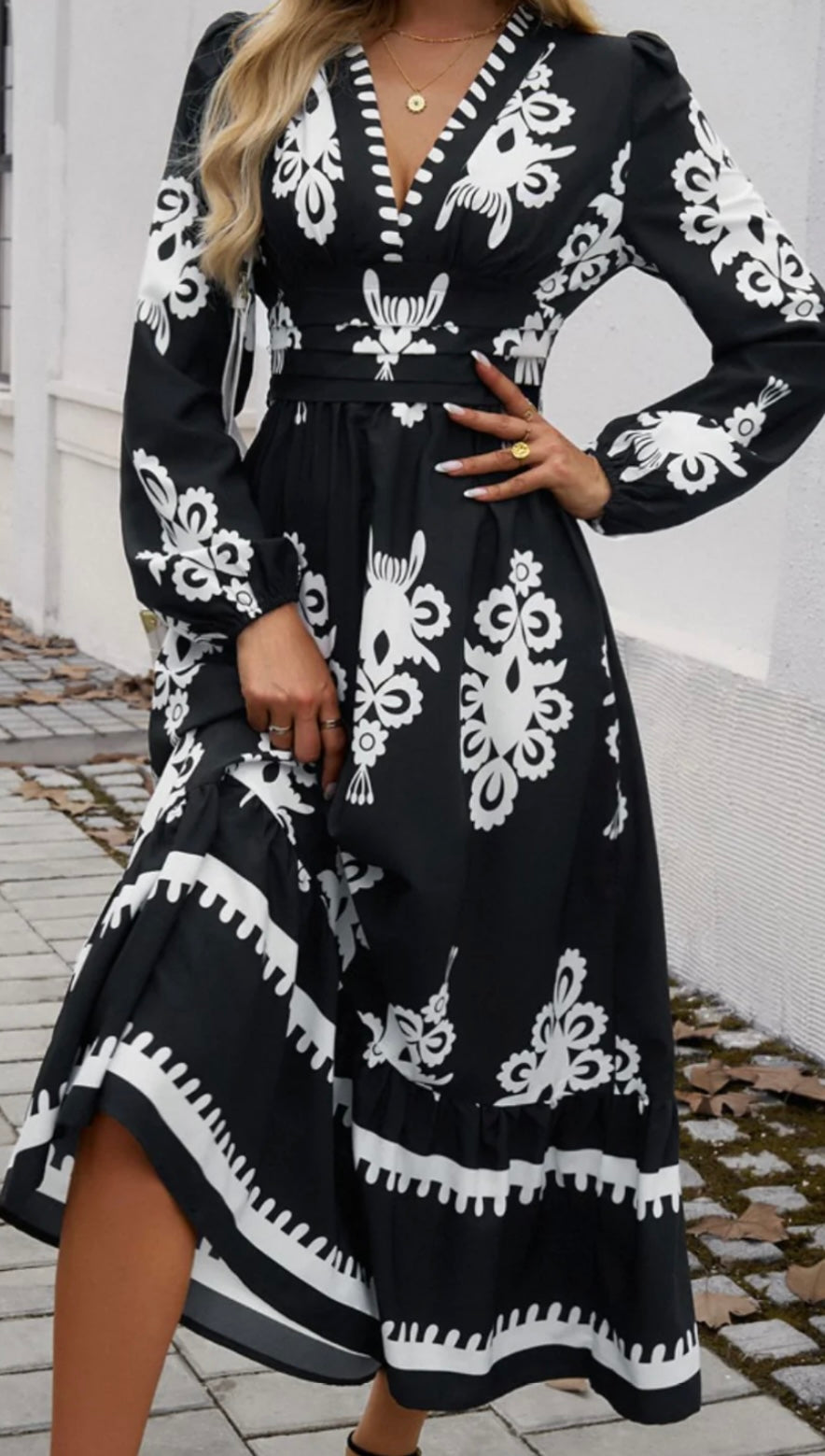 Devine Ruffled Printed Plunge Long Sleeve Dress