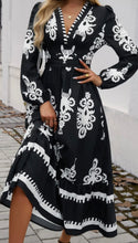 Load image into Gallery viewer, Devine Ruffled Printed Plunge Long Sleeve Dress
