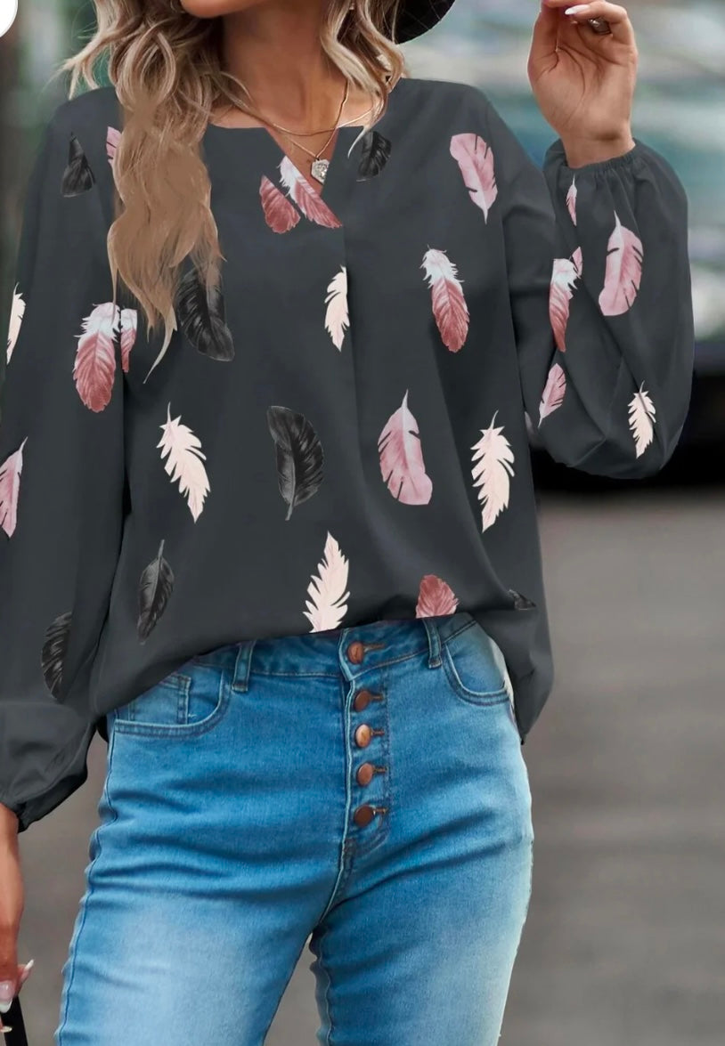 Feather Print Notched Balloon Sleeve Top