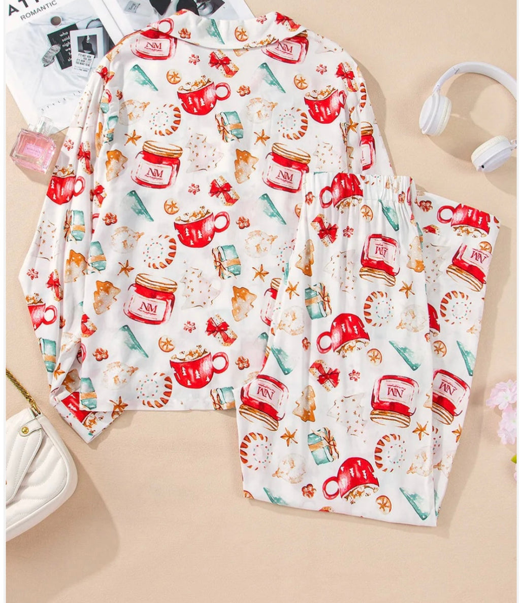 Printed Collared Neck Top and Pants Lounge Set