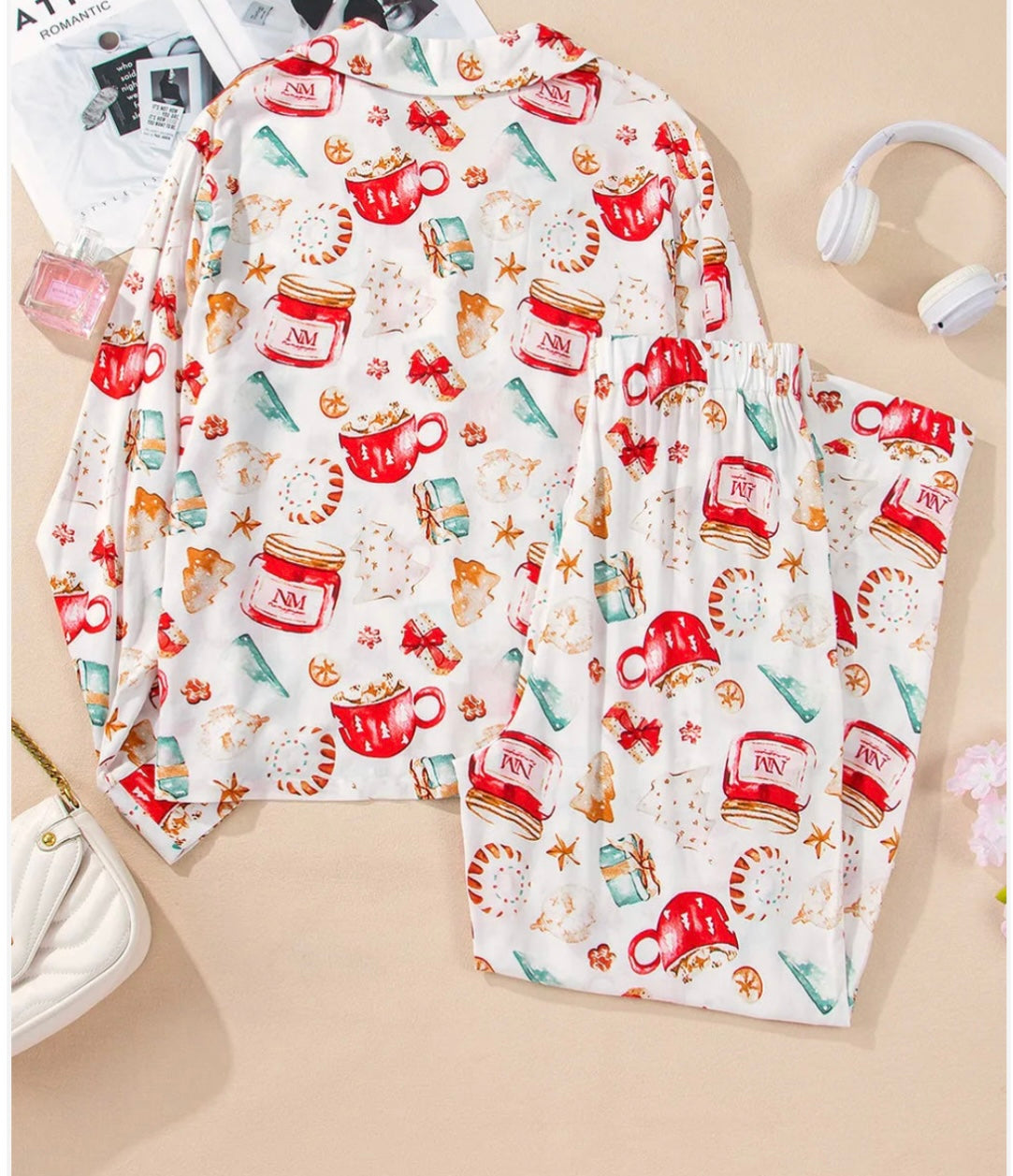 Printed Collared Neck Top and Pants Lounge Set