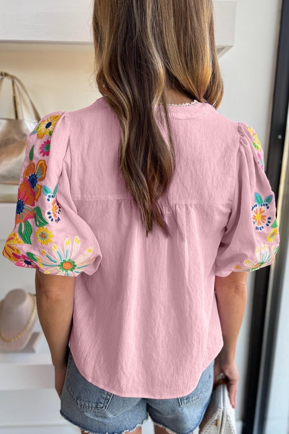 Embroidered Floral Puff Sleeve Split Neck Blouse