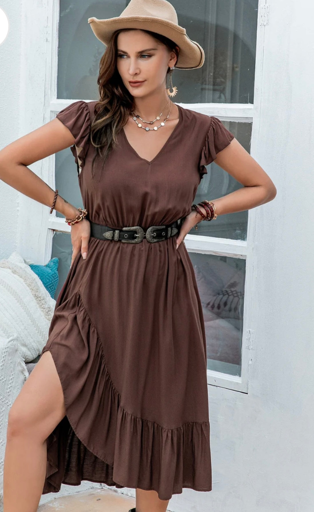 Plus Size Ruffled V-Neck Cap Sleeve Midi Dress