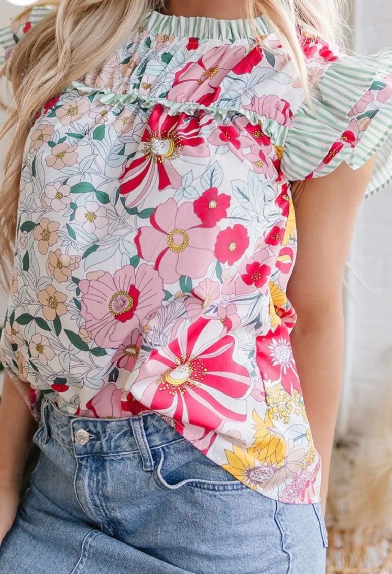 Frill Floral Print Ruffle Cap Sleeve Blouse