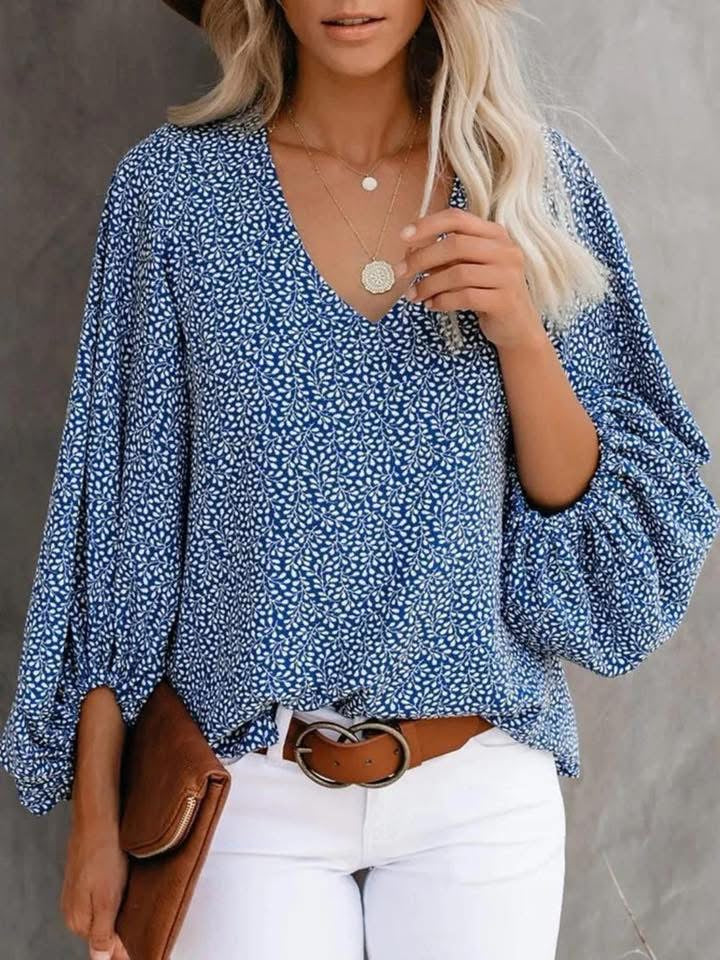 Printed Vneck Long Sleeve Blouse