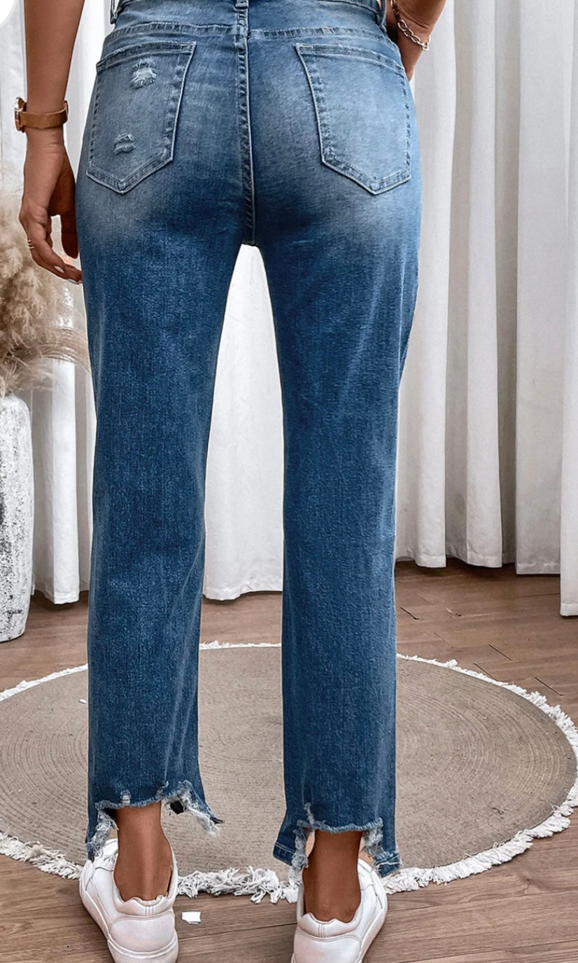 Distressed Raw Hem Straight Jeans