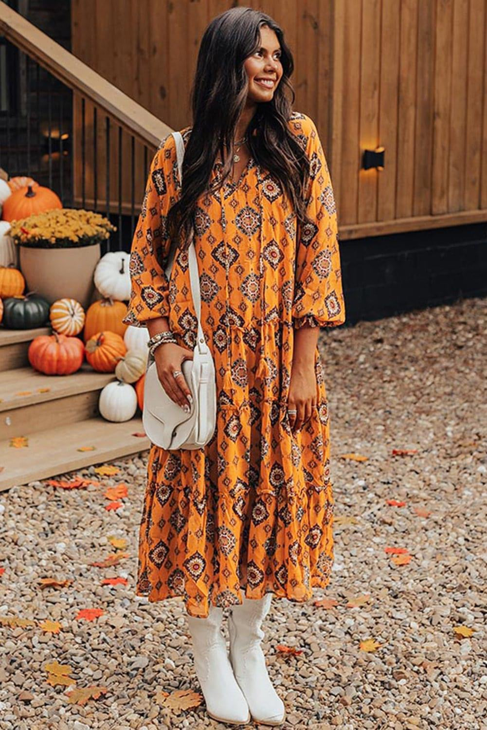 Orange Western Geometric 
Tiered Frilled Loose Fit Midi Dress