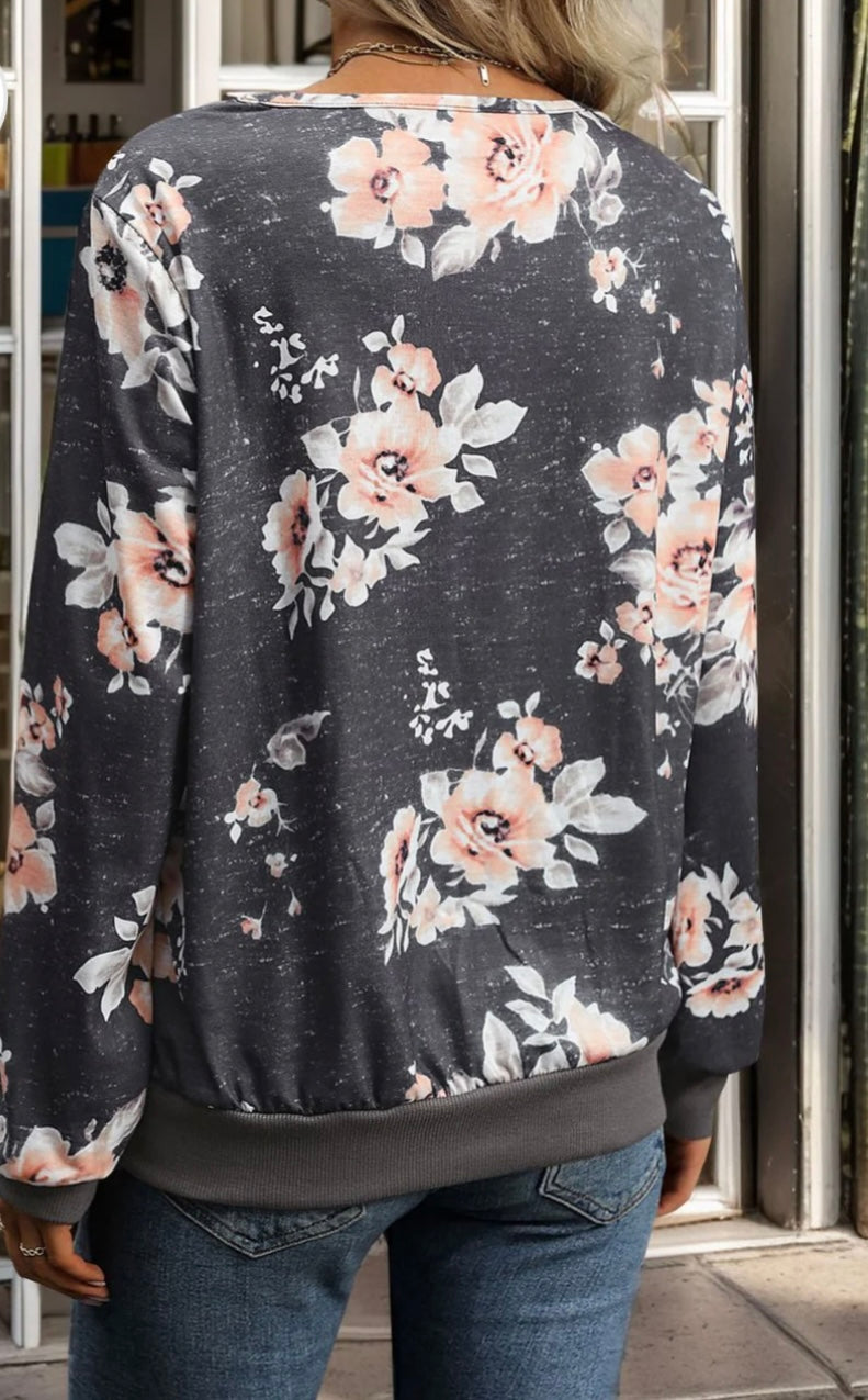 Printed V-Neck Long Sleeve Sweatshirt