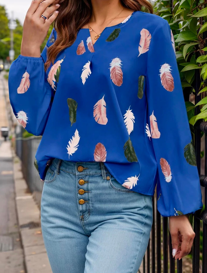 Feather Print Notched Balloon Sleeve Top