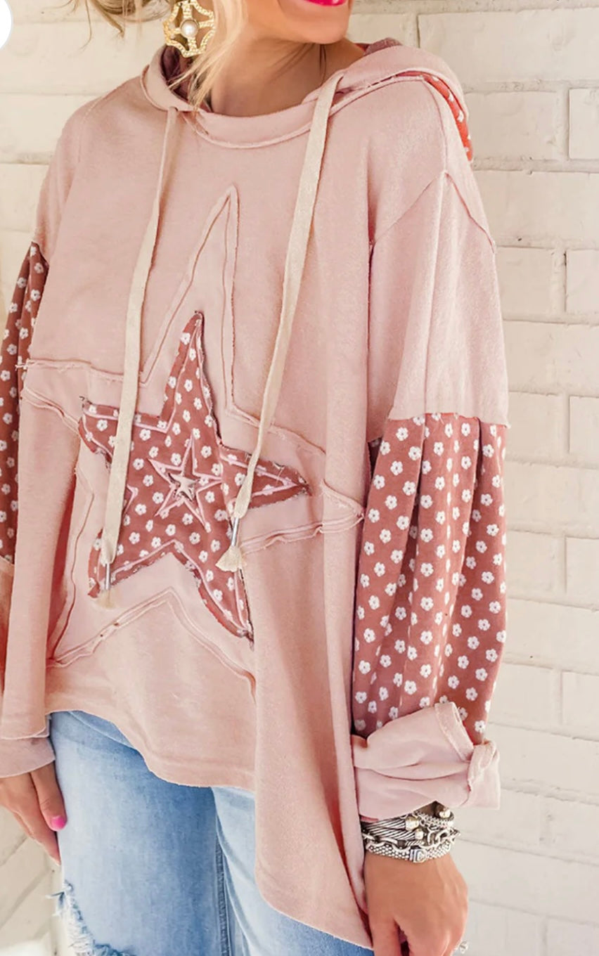Floral Star Patchwork Drawstring Hoodie- (Ships after 8/20)