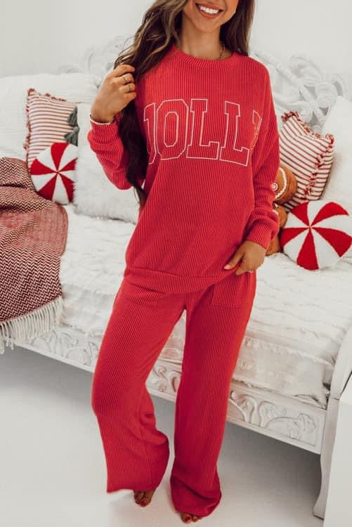 JOLLY Round Neck Long Sleeve Top and Pants Lounge Set