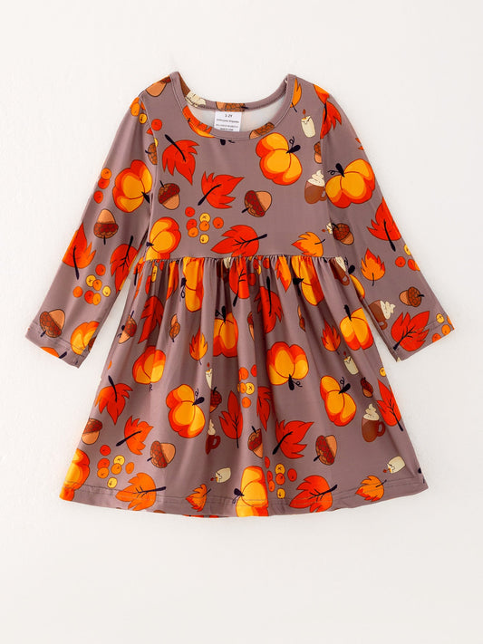 Fall Autumn Leaves Pine Cone Stripe Print Girls Dress Rylee Faith Designs