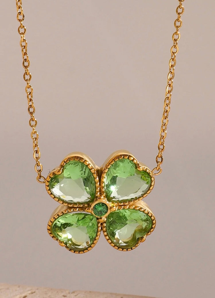 Stainless Steel Zircon Lucky Clover Pendant Necklace