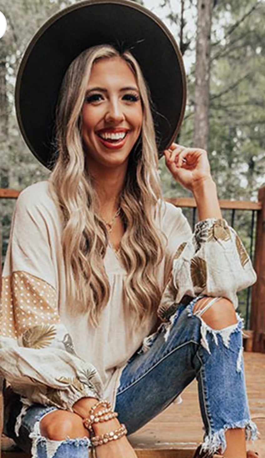 Patchwork Puff Sleeve V Neck Blouse