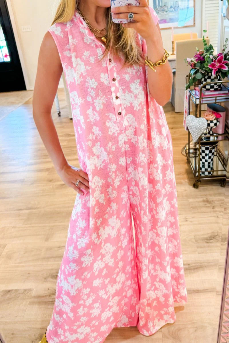 GARDEN VIEW PINK FLORAL SLEEVELESS WIDE LEG JUMPSUIT **SHIPPING EXPECTED TO BEGIN ON DATE 3/30**