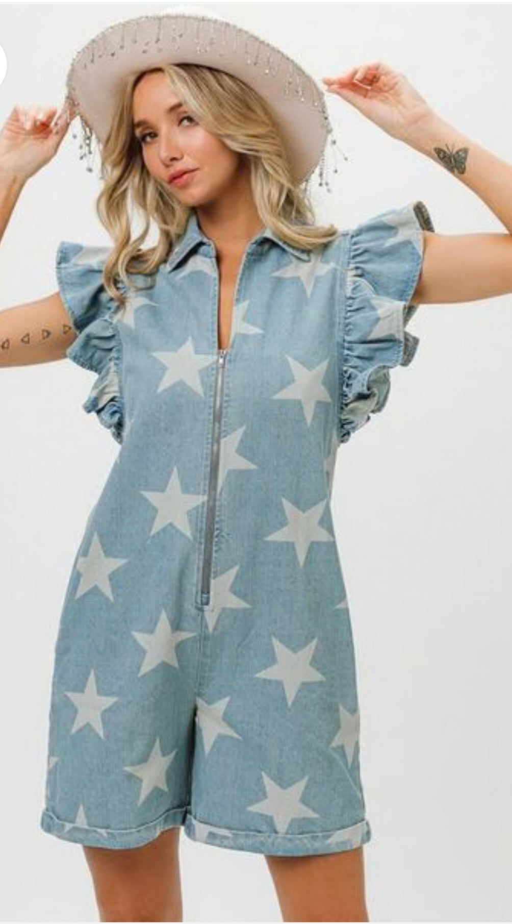 BiBi Ruffled Star Half Zip Denim Romper