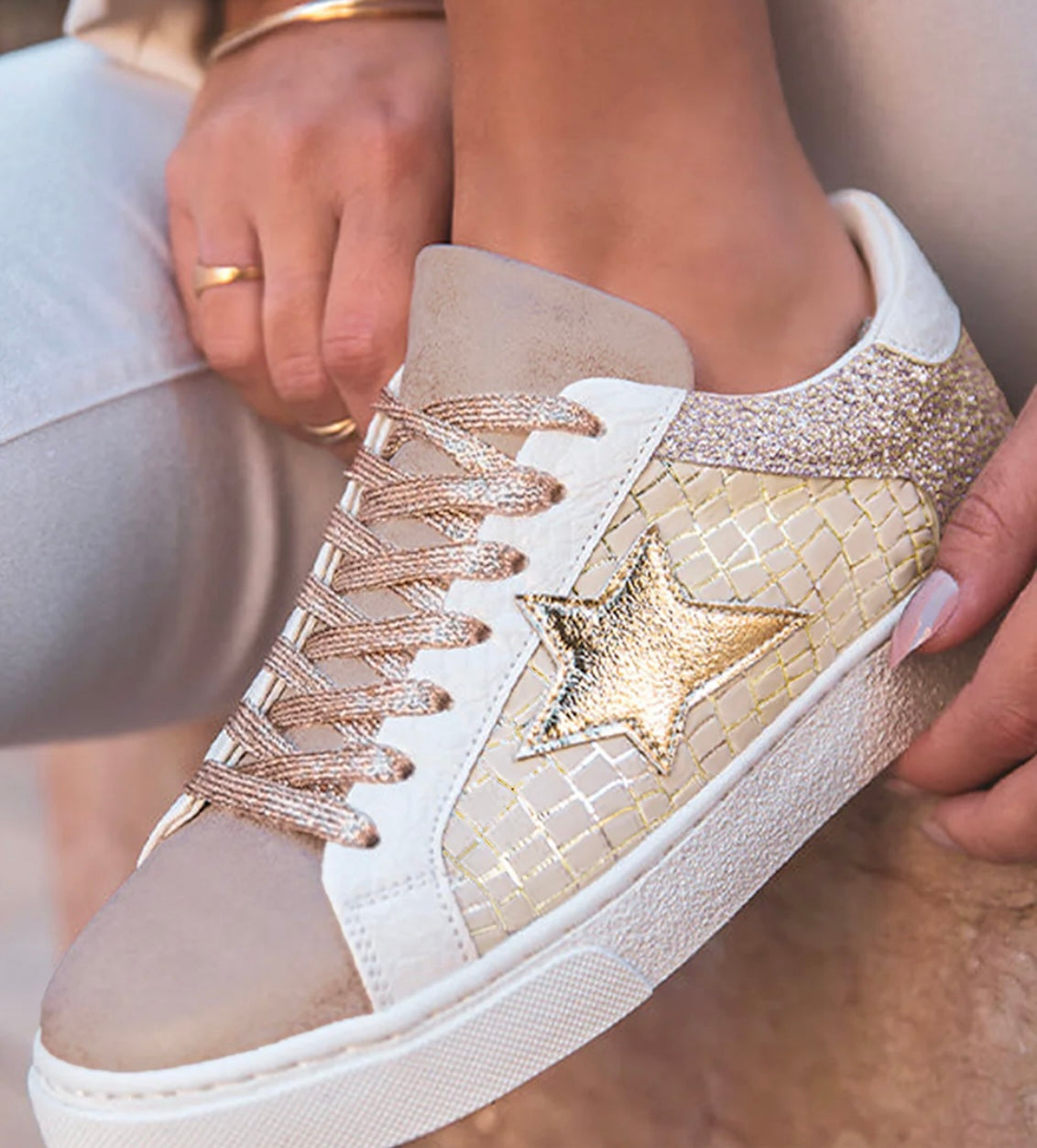 Gold Glitter Star Patchwork PU Leather Lace-up Sneakers
