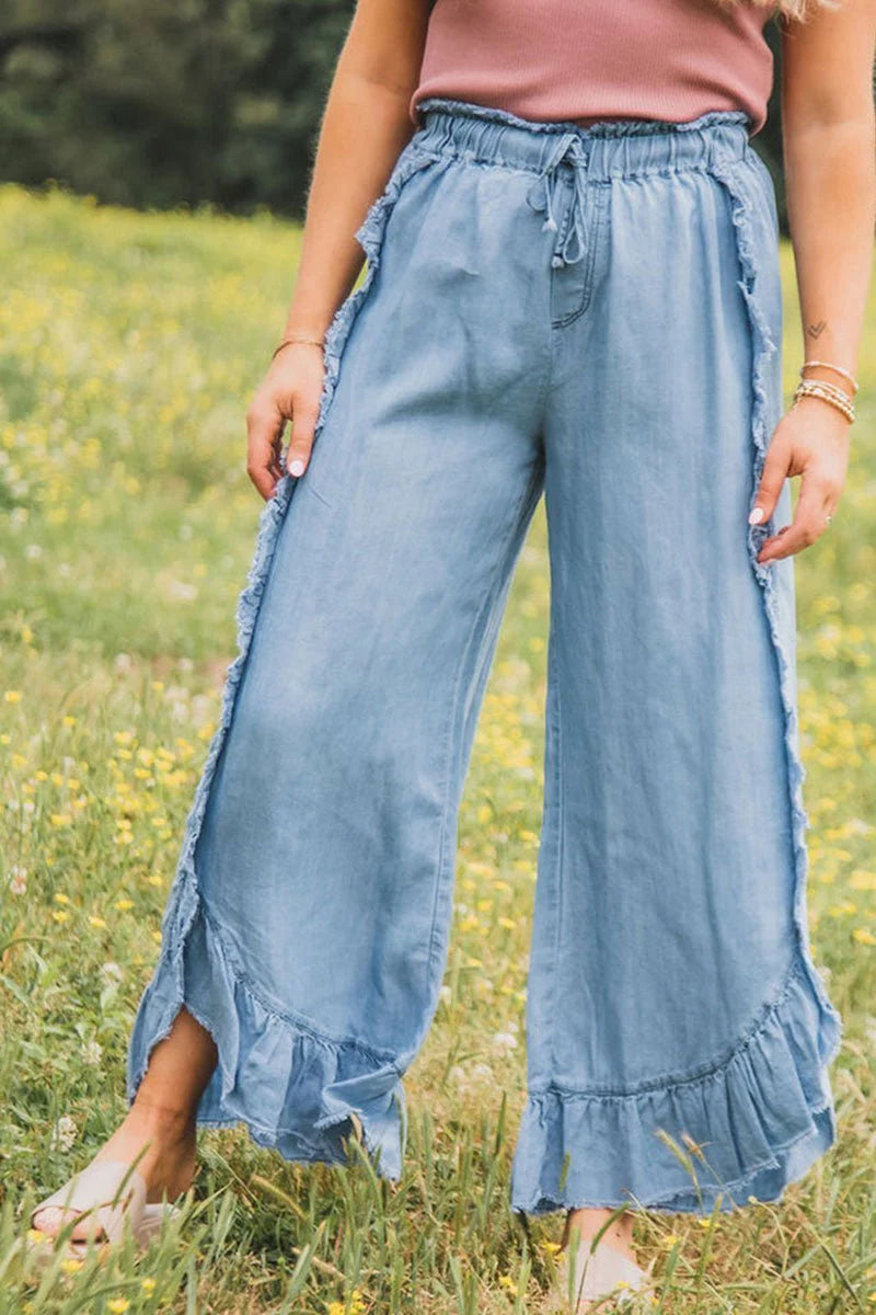 Light Wash Raw Hem Ruffled Wide Leg Pants