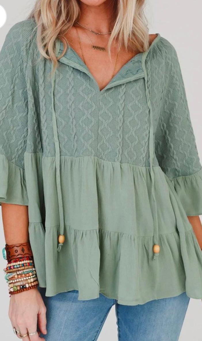 Ruffled Tie Neck Three-Quarter Sleeve Blouse
