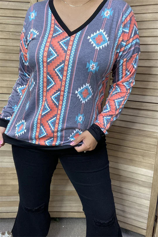 Aztec Multi Color Printed Trim Long Sleeve Top