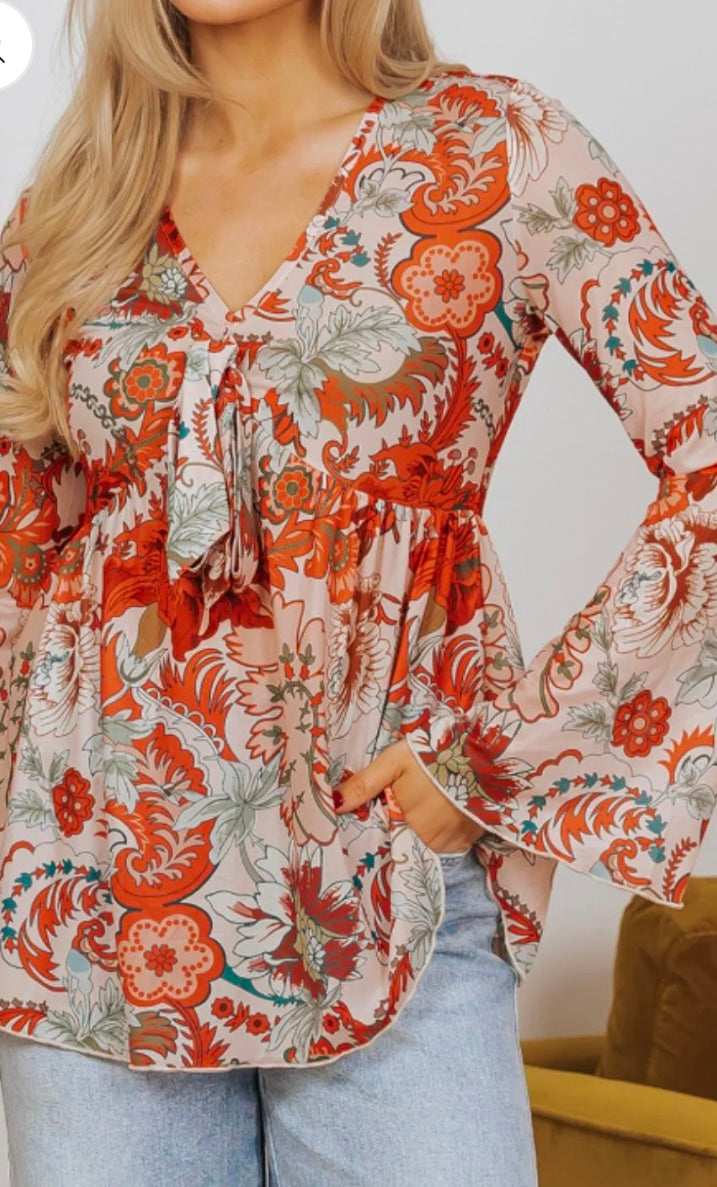 Floral V-Neck Flare Sleeve Blouse