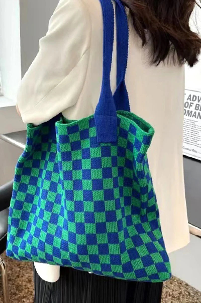 TRAVEL TALES CHECK CROCHET KNIT COMMUTER BAG