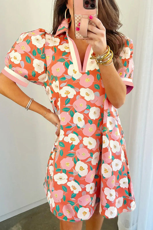 SALMON WATERCOLOR BLOOMS V-NECK MINI DRESS **SHIPPING EXPECTED TO BEGIN ON DATE 4/14**