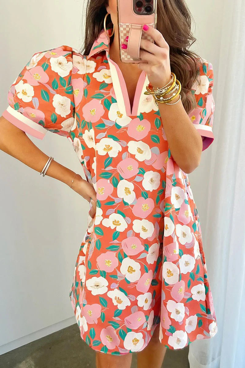 SALMON WATERCOLOR BLOOMS V-NECK MINI DRESS **SHIPPING EXPECTED TO BEGIN ON DATE 4/14**