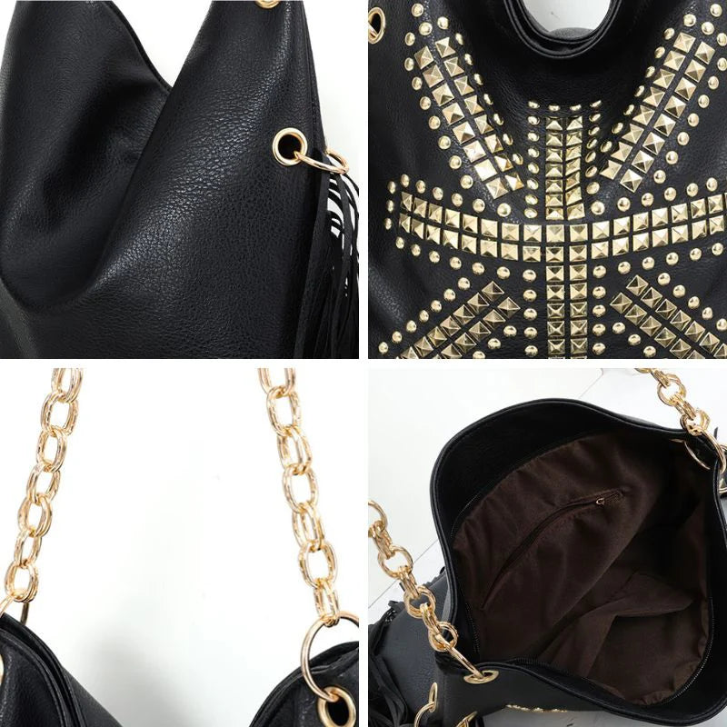 Black Rivet Fringe Shoulder Bag