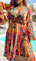 Printed Flare Sleeve Ruffled Hem Dress