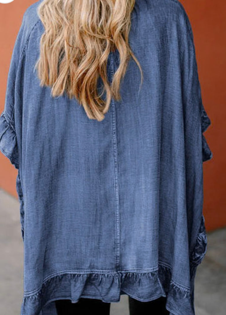 Ruffled Open Front Denim Top