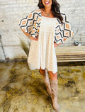 Beige Western Aztec Pleated Mini Dress